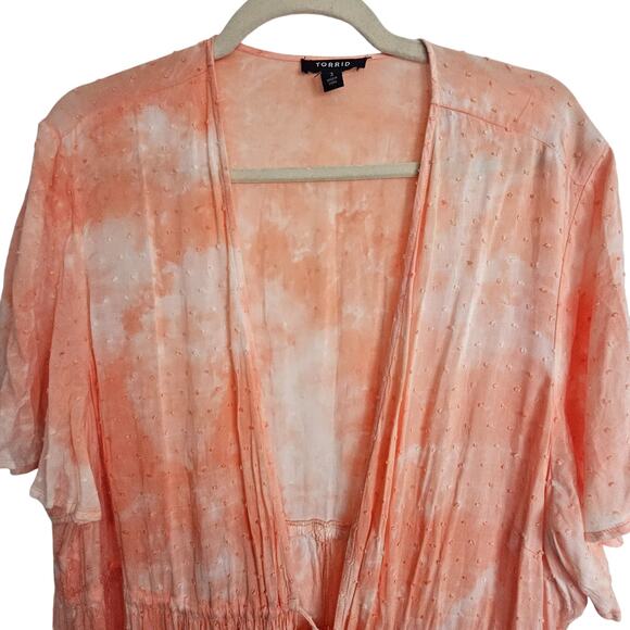 Torrid Kimono Duster Open Front Kimono Plus Size 3X Orange White Tie Dye Kimono - Picture 2 of 10